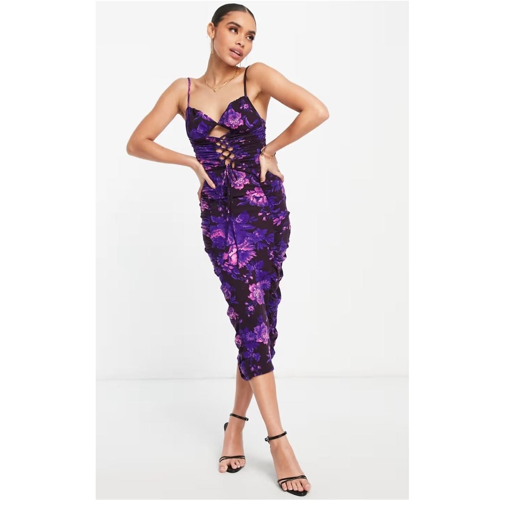 ASOS Lace Up Corset Bodice Floral Ruched Bodycon Dress Dark Romantic Purple 10